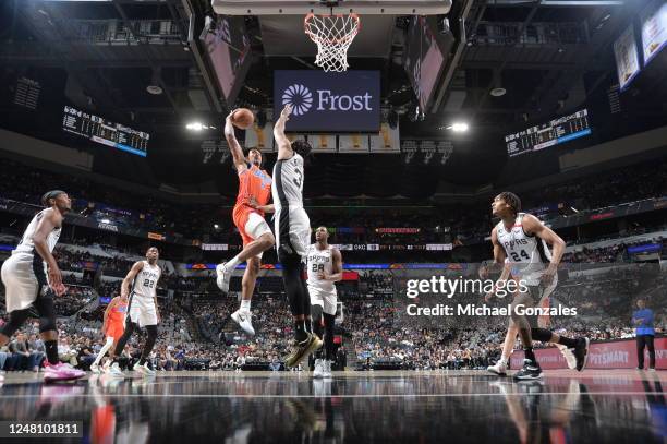 Jaylin Williams of the Oklahoma City Thunder shoots the ball during the game against the San Antonio Spurs on March 12, 2023 at the AT&T Center in...