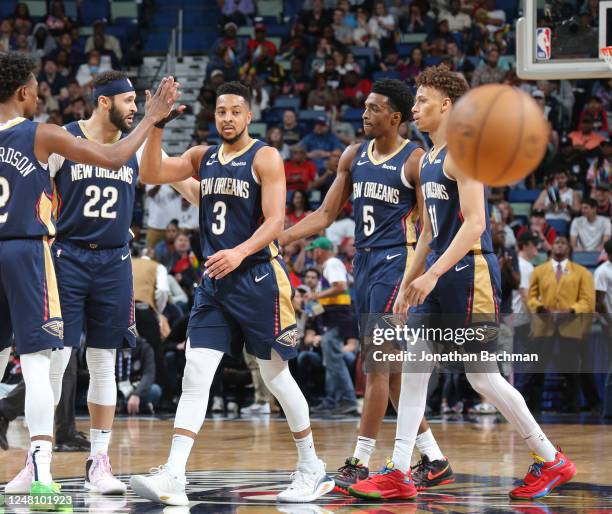 McCollum of the New Orleans Pelicans celebrates during the game against the Portland Trail Blazers on March 12, 2023 at the Smoothie King Center in...