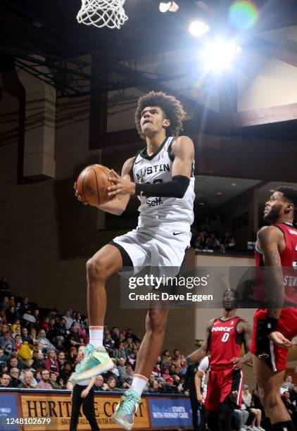 March 12: Dominick Barlow of the Austin Spurs drives to the basket against the Sioux Falls Skyforce at the Sanford Pentagon on March 12, 2023 in...