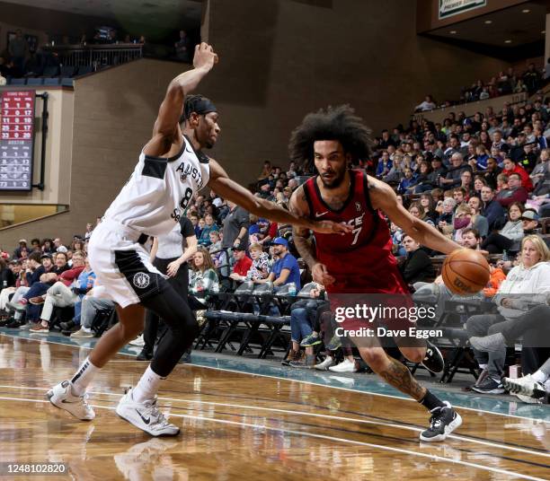 March 12: Justin Champagnie of the Sioux Falls Skyforce drives to the basket against Brandon Randolph of the Austin Spurs at the Sanford Pentagon on...