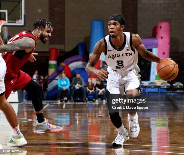 March 12: Brandon Randolph of the Austin Spurs drives to the basket against the Sioux Falls Skyforce at the Sanford Pentagon on March 12, 2023 in...