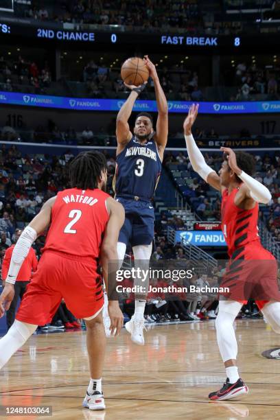 McCollum of the New Orleans Pelicans shoots the ball during the game against the Portland Trail Blazers on March 12, 2023 at the Smoothie King Center...