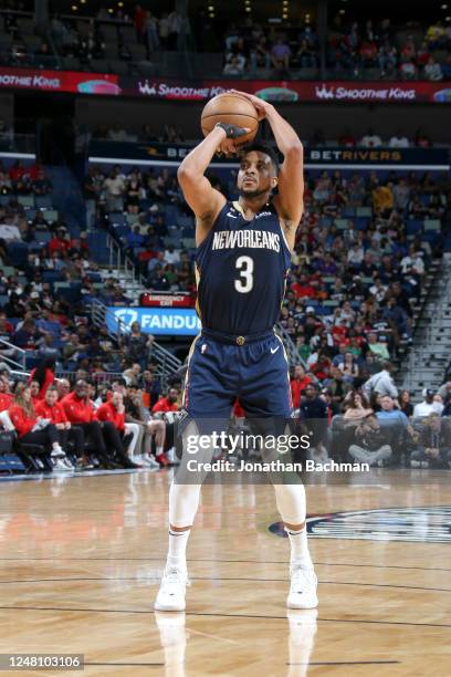 McCollum of the New Orleans Pelicans shoots a free throw during the game against the Portland Trail Blazers on March 12, 2023 at the Smoothie King...