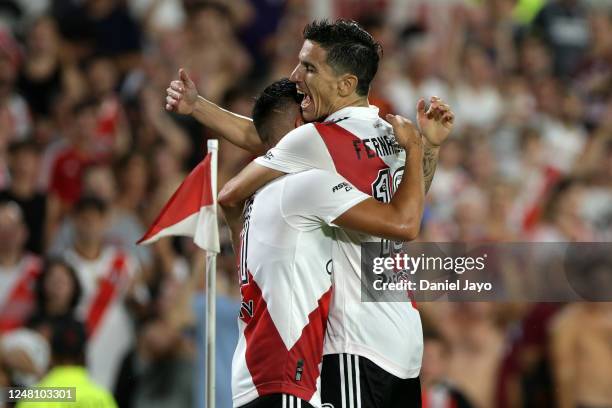 Esequiel Barco of River Plate celebrates with teammate Ignacio Fernandez after scoring the third goal of the team during a match between River Plate...