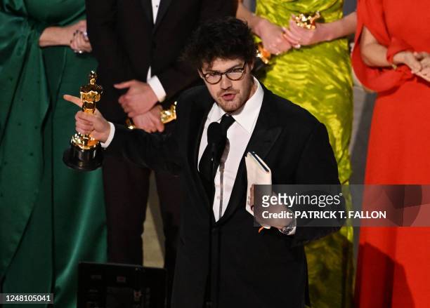 Canadian filmmaker Daniel Roher accepts the Oscar for Best documentary feature film for "Navalni" onstage during the 95th Annual Academy Awards at...