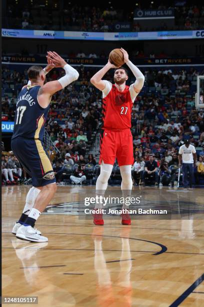 Jusuf Nurkic of the Portland Trail Blazers shoots a three point basket during the game against the New Orleans Pelicans on March 12, 2023 at the...