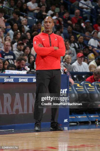 Head Coach Chauncey Billups of the Portland Trail Blazers looks on during the game against the New Orleans Pelicans on March 12, 2023 at the Smoothie...
