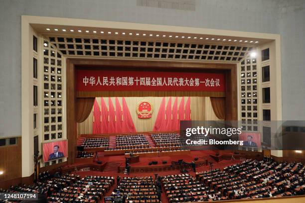 Xi Jinping, China's president, speaks during the closing session of the First Session of the 14th National People's Congress at the Great Hall of the...