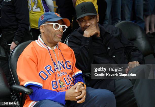 Spike Lee and Denzel Washington attend the Los Angeles Lakers and the New York Knicks game at Crypto.com Arena on March 12, 2023 in Los Angeles,...