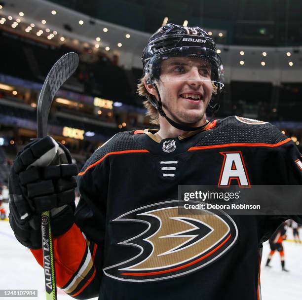 Troy Terry of the Anaheim Ducks smiles during warm ups prior to the game against the Nashville Predators at Honda Center on March 12, 2023 in...