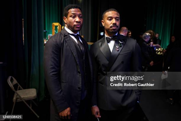 Jonathan Majors and Michael B. Jordan, backstage at the 95th Academy Awards at the Dolby Theatre on March 12, 2023 in Hollywood, California.