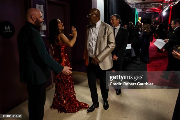 John Travolta, Salma Hayek, and Samuel L. Jackson, backstage at the 95th Academy Awards at the Dolby Theatre on March 12, 2023 in Hollywood,...