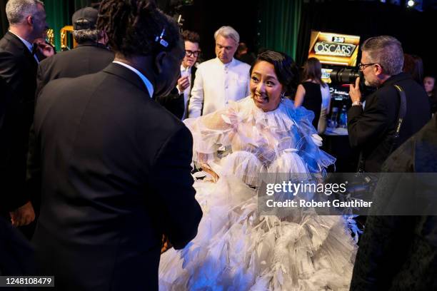 Stephanie Hsu and David Byrne, backstage at the 95th Academy Awards at the Dolby Theatre on March 12, 2023 in Hollywood, California.