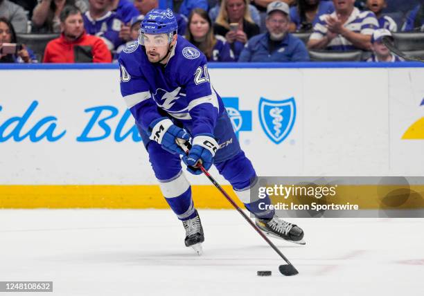 Tampa Bay Lightning left wing Nicholas Paul receives a pass during the NHL Hockey match between the Tampa Bay Lightning and Winnipeg Jets on March...