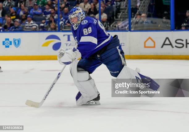 Tampa Bay Lightning goaltender Andrei Vasilevskiy leads the ice to give Tampa Bay Lightning the 6 v 5 advantage in the final 1:30 during the NHL...