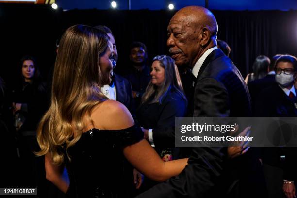 Margot Robbie and Morgan Freeman, backstage at the 95th Academy Awards at the Dolby Theatre on March 12, 2023 in Hollywood, California.