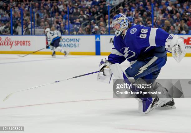 Tampa Bay Lightning goaltender Andrei Vasilevskiy leads the ice to give Tampa Bay Lightning the 6 v 5 advantage in the final 1:30 during the NHL...