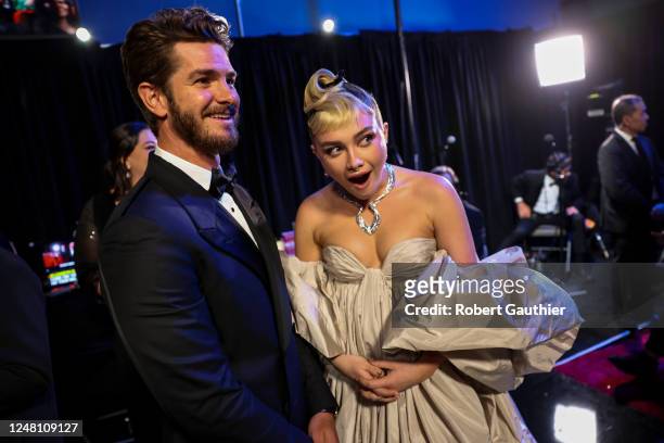 Andrew Garfield and Florence Pugh, backstage at the 95th Academy Awards at the Dolby Theatre on March 12, 2023 in Hollywood, California.