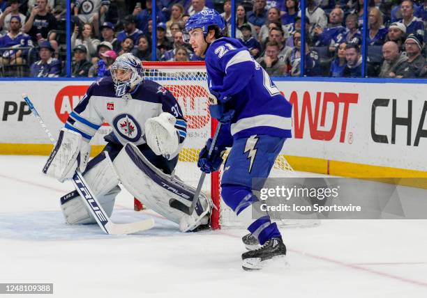 Tampa Bay Lightning center Brayden Point looks to deflect the puck during the NHL Hockey match between the Tampa Bay Lightning and Winnipeg Jets on...