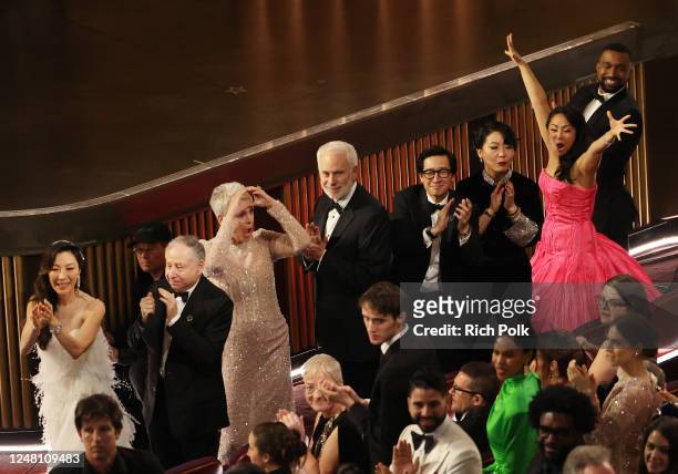 Michelle Yeoh, Jamie Lee Curtis, Christopher Guest, Ke Huy Quan, Echo Quan and Stephanie Hsu at the 95th Annual Academy Awards held at Dolby Theatre...