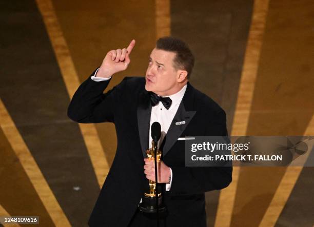 Actor Brendan Fraser accepts the Oscar for Best Actor in a Leading Role for "The Whale" onstage during the 95th Annual Academy Awards at the Dolby...