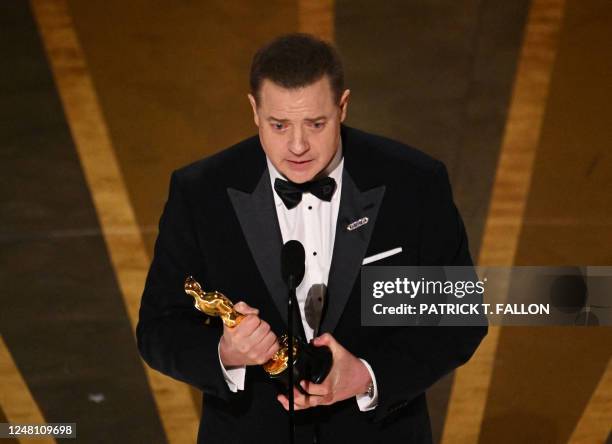 Actor Brendan Fraser accepts the Oscar for Best Actor in a Leading Role for "The Whale" onstage during the 95th Annual Academy Awards at the Dolby...