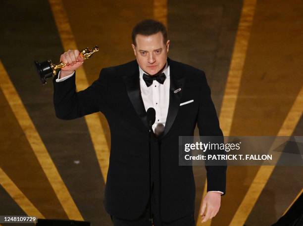 Actor Brendan Fraser accepts the Oscar for Best Actor in a Leading Role for "The Whale" onstage during the 95th Annual Academy Awards at the Dolby...