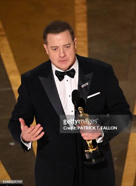 Actor Brendan Fraser accepts the Oscar for Best Actor in a Leading Role for "The Whale" onstage during the 95th Annual Academy Awards at the Dolby...