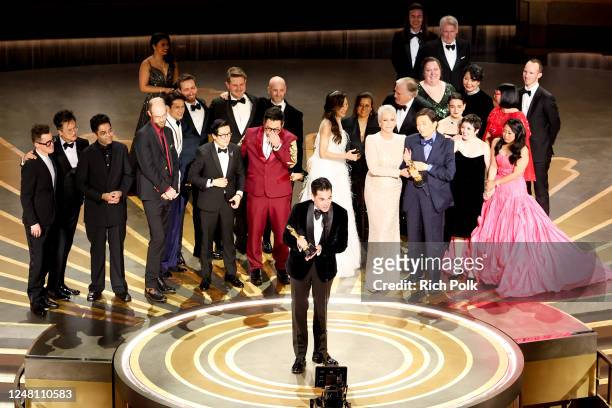 Jonathan Wang accepts the Oscar for Best Picture for "Everything Everywhere All at Once" at the 95th Annual Academy Awards held at Dolby Theatre on...