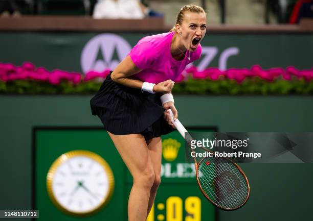 Petra Kvitova of the Czech Republic in action against Jelena Ostapenko of Latvia in her third-round match on Day 7 of the 2023 BNP Paribas Open at...