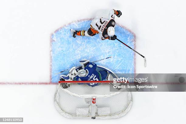 Vancouver Canucks goaltender Thatcher Demko defends against Anaheim Ducks left wing Frank Vatrano during their NHL game at Rogers Arena on March 8,...