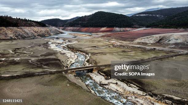 An aerial view of the 1.47 square kilometer Nilüfer Dam, that provide the drinking water needs of Bursa, which is Turkey's fourth largest city with a...