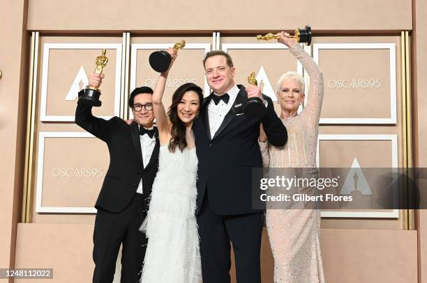 Ke Huy Quan, Michelle Yeoh, Brendan Fraser and Jamie Lee Curtis at the 95th Annual Academy Awards held at Dolby Theatre on March 12, 2023 in Los...