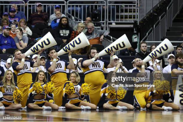 West Virginia Mountaineers cheerleaders in the second half of a Big 12 Tournament basketball game between the Texas Tech Red Raiders and West...