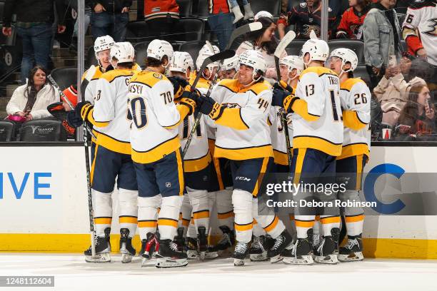 Nashville Predators celebrate their victory against the Anaheim Ducks at Honda Center on March 12, 2023 in Anaheim, California.