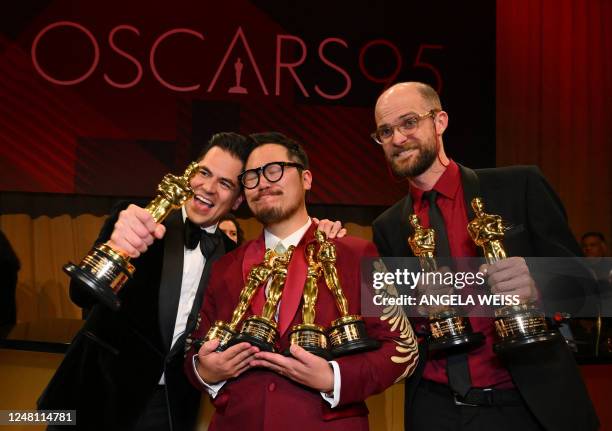 Producer Jonathan Wang , winner of the Oscar for Best Picture for "Everything Everywhere All at Once", US director Daniel Kwan and US director Daniel...