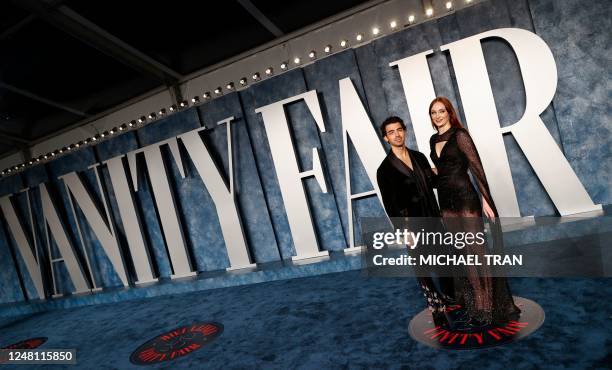 English actress Sophie Turner and her husband US singer Joe Jonas attend the Vanity Fair 95th Oscars Party at the The Wallis Annenberg Center for the...