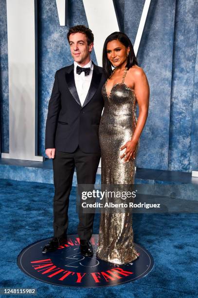 Novak and Mindy Kaling arrive at the 2023 Vanity Fair Oscar Party held at the Wallis Annenberg Center for the Performing Arts on March 12, 2023 in...