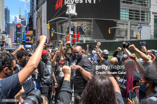 Activists Hawk Newsome, Nupol Kiazolu, Van Hooks, Dannelly Rodriguez and IamChelseaIam attend a Black Lives Matter rally in Times Square on June 07,...