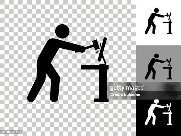 breaking computer icon on checkerboard transparent background - computer frustration stock illustrations