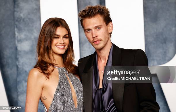 Actor Austin Butler and model Kaia Gerber attend the Vanity Fair 95th Oscars Party at the The Wallis Annenberg Center for the Performing Arts in...