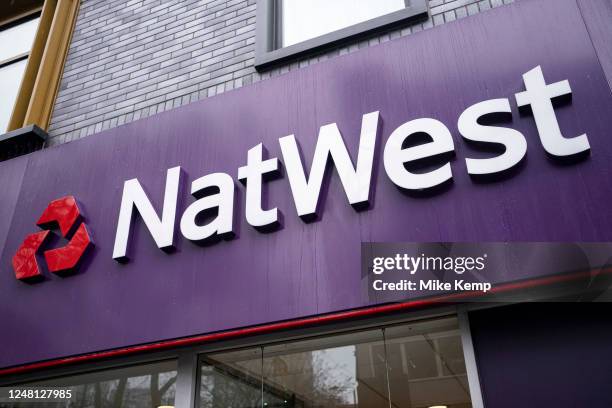 Nat West Bank Sign on Whitechapel High Street on 8th March 2023 in London, United Kingdom. National Westminster Bank, commonly known as NatWest, is a...