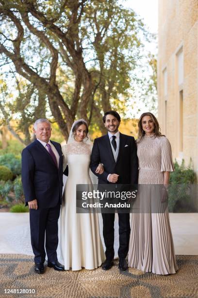 King of Jordan Abdullah II , Princess Iman , Jameel Alexander Thermiotis and Queen Rania pose for a photo at the Royal Wedding of Princess Iman Bint...