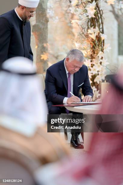 King of Jordan Abdullah II, attends The Royal Wedding of Princess Iman Bint Abdullah II and Jameel Alexander Thermiotis on March 12, 2023 in Amman,...