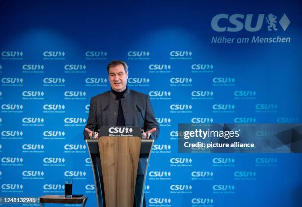 March 2023, Bavaria, Munich: Markus Söder, CSU chairman and prime minister of Bavaria, takes part in a press conference at the CSU party headquarters...