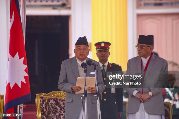 Nepal's newly elected President Ram Chandra Paudel takes oath of secrecy amid swearing-in ceremony at Kathmandu on March 13, 2023.