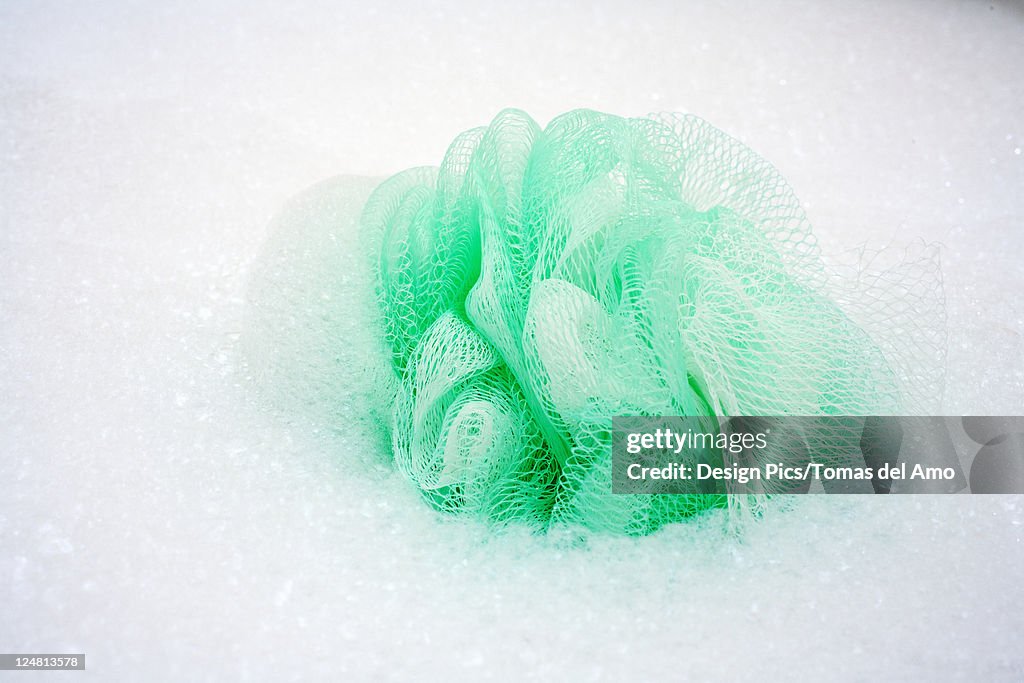 Spa elements, Green loofa with lots of bubbles in bathtub.