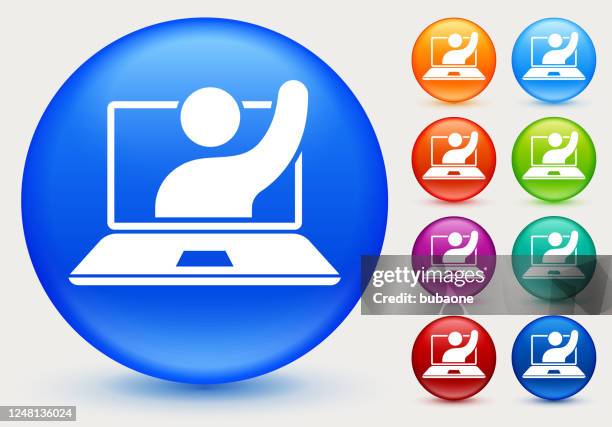 laptop computer with video chat icon - shiny ball with shadow stock illustrations