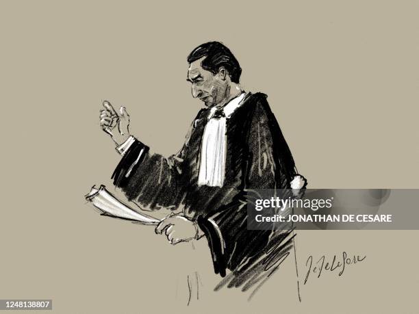 This drawing by Jonathan De Cesare shows Lawyer Kris Luyckx at a session of the case before the Antwerp appeal court, a remark of the judge during...