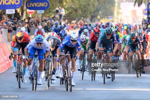 Group sprint during the Cycling Tirreno Adriatico 7 stage - San Benedetto del Tronto - San Benedetto del Tronto on March 12, 2023 at the San...